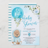 ブルーバルーンオーボーイテディベア赤ちゃんシャワー 招待状 (正面/裏面)