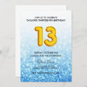 ブルーバルーングリッター13歳の誕生日パーティー 招待状 (正面/裏面)