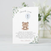 ブルーバルーングリーンリーテディベアファースト誕生日 サンキューカード (スタンド正面)