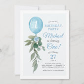 ブルーバルーングリーンリー誕生日パーティーへの招待 招待状 (正面)