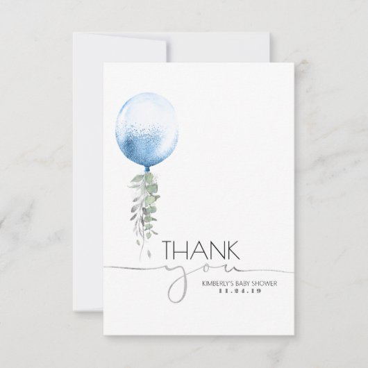 ブルーバルーングリーン赤ちゃんシャワーありがとう サンキューカード (正面)