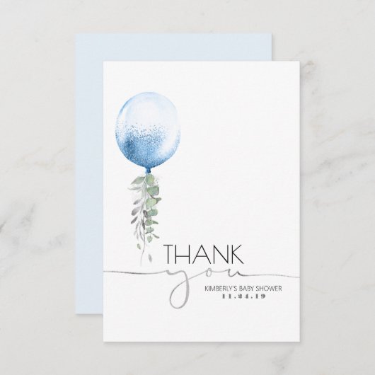 ブルーバルーングリーン赤ちゃんシャワーありがとう サンキューカード (正面/裏面)