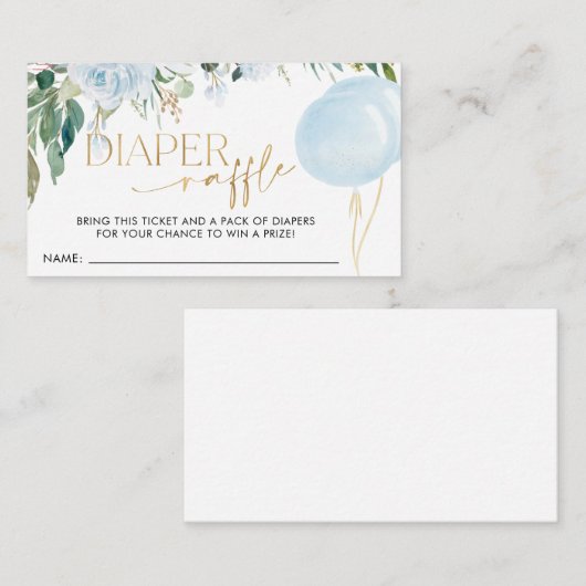 ブルーバルーングリーン赤ちゃんシャワーおむつラッフル エンクロージャーカード (正面/裏面)