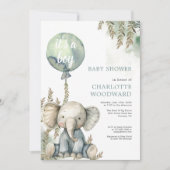 ブルーバルーンゾウの赤ちゃんシャワー 招待状 (正面)