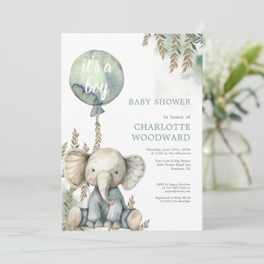 ブルーバルーンゾウの赤ちゃんシャワー 招待状 (スタンド正面)