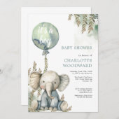 ブルーバルーンゾウの赤ちゃんシャワー 招待状 (正面/裏面)