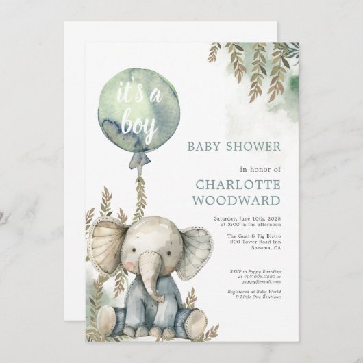 ブルーバルーンゾウの赤ちゃんシャワー 招待状 (正面/裏面)