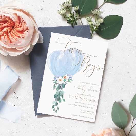 ブルーバルーンツインボーイズ赤ちゃんシャワー 招待状