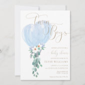 ブルーバルーンツインボーイズ赤ちゃんシャワー 招待状 (正面)