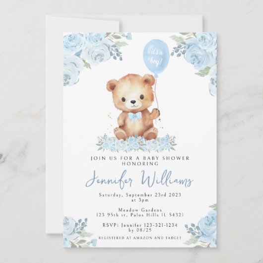 ブルーバルーンテディは男の子の赤ちゃんシャワーを持つ 招待状 (正面)