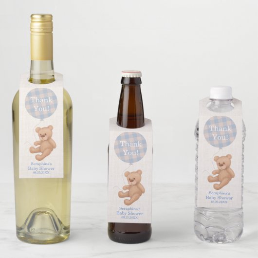 ブルーバルーンテディベア赤ちゃんシャワーありがとう ボトルネックタグ (インサイチュ)
