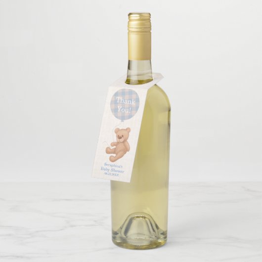 ブルーバルーンテディベア赤ちゃんシャワーありがとう ボトルネックタグ (アングル)