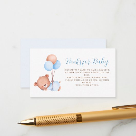 ブルーバルーンテディベア赤ちゃんシャワー エンクロージャーカード (正面/裏面インサイチュ)