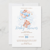 ブルーバルーンテディベア赤ちゃんシャワー 招待状 (正面)