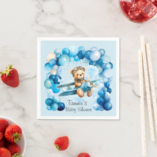 ブルーバルーンテディベア飛行機少年の赤ちゃんシャワー スタンダードカクテルナプキン (インサイチュ)