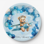 ブルーバルーンテディベア飛行機少年の赤ちゃんシャワー ペーパープレート (正面)