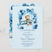 ブルーバルーンテディベア飛行機少年の赤ちゃんシャワー 招待状 (正面/裏面)