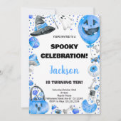 ブルーバルーンハロウィーン誕生日招待状 招待状 (正面)