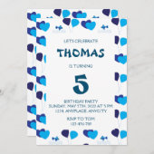 ブルーバルーンハートボーイ子供の誕生日パーティー 招待状 (正面/裏面)