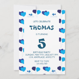 ブルーバルーンハートボーイ子供の誕生日パーティー 招待状