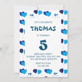 ブルーバルーンハートボーイ子供の誕生日パーティー 招待状 (正面)