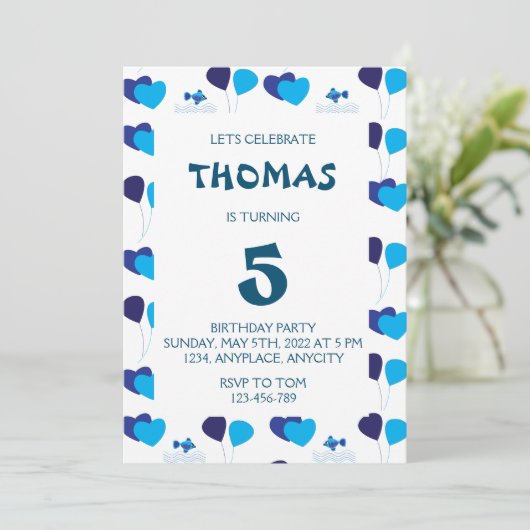 ブルーバルーンハートボーイ子供の誕生日パーティー 招待状 (スタンド正面)