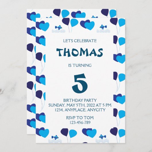 ブルーバルーンハートボーイ子供の誕生日パーティー 招待状 (正面/裏面)