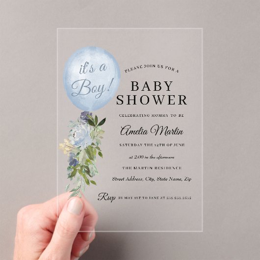 ブルーバルーンベビーシャワー アクリル招待状 (インサイチュ (ポータブル))