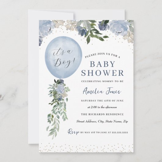 ブルーバルーンベビーシャワー 招待状 (正面)