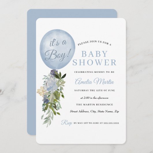 ブルーバルーンベビーシャワー 招待状 (正面/裏面)