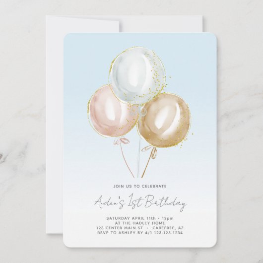 ブルーバルーンボーイズ1歳の誕生日 招待状 (正面)