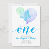 ブルーバルーンボーイファースト誕生日1歳 招待状 (正面)
