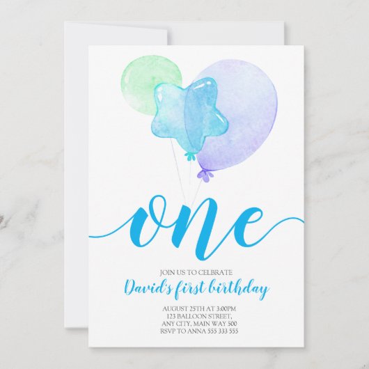 ブルーバルーンボーイファースト誕生日1歳 招待状 (正面)