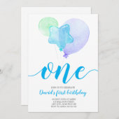 ブルーバルーンボーイファースト誕生日1歳 招待状 (正面/裏面)