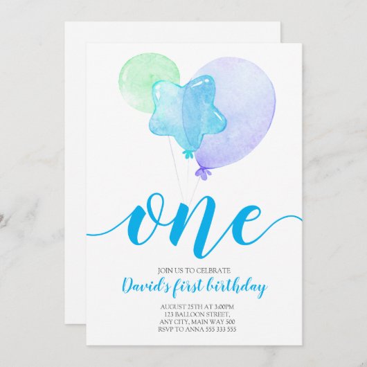 ブルーバルーンボーイファースト誕生日1歳 招待状 (正面/裏面)