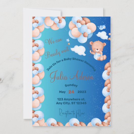 ブルーバルーンボーイベビーシャワーを待つことができる 招待状 (正面)