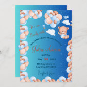 ブルーバルーンボーイベビーシャワーを待つことができる 招待状 (正面/裏面)