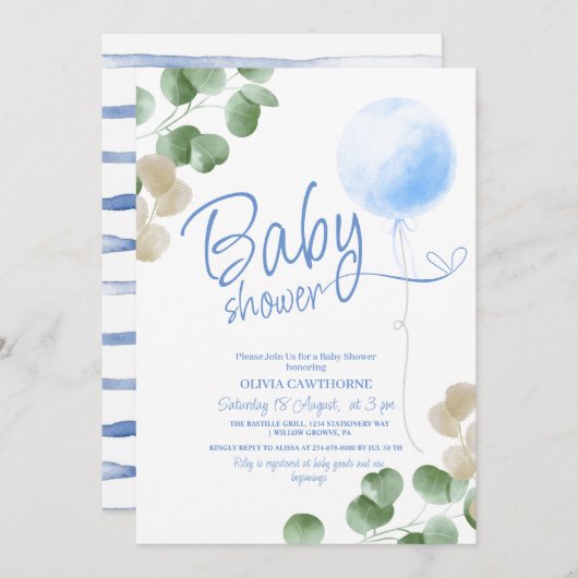 ブルーバルーンユーカリプトゥスボーイ赤ちゃんシャワー 招待状 (正面/裏面)