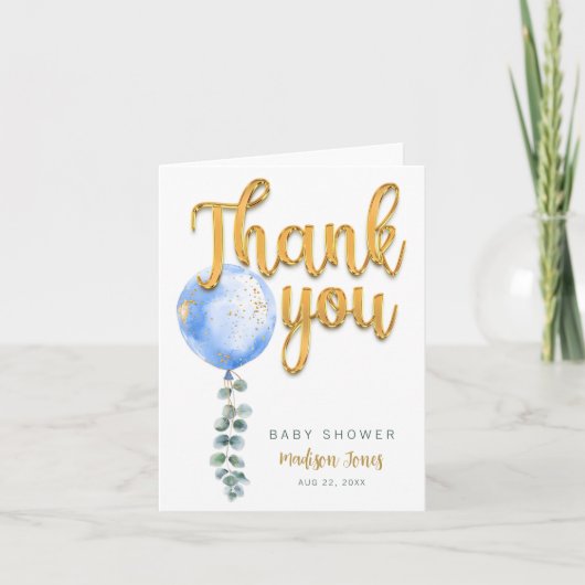 ブルーバルーンユーカリ赤ちゃんシャワーサンキューカード サンキューカード (正面)