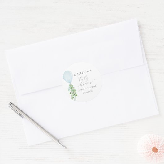 ブルーバルーンユーカリ赤ちゃんシャワー ラウンドシール (封筒)