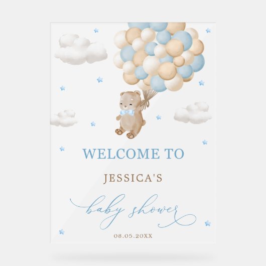 ブルーバルーン付きテディベア赤ちゃんシャワー歓迎 アクリルサイン (正面)