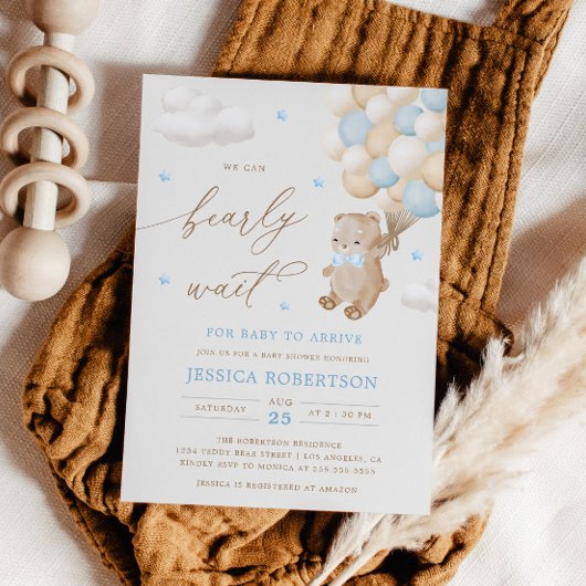 ブルーバルーン付きテディベア赤ちゃんシャワー 招待状