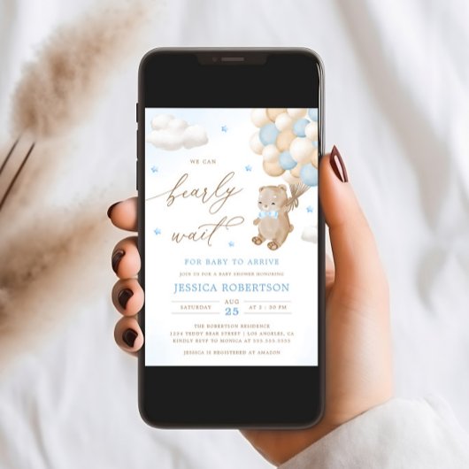 ブルーバルーン付きテディベア赤ちゃんシャワー 招待状