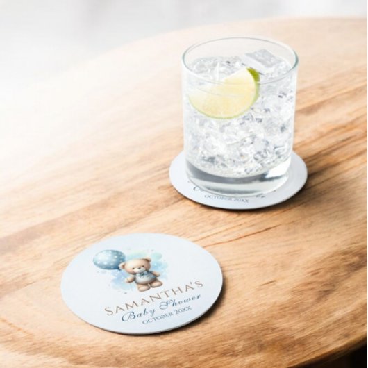 ブルーバルーン付き可愛いテディベア男の赤ちゃんシャワー ラウンドペーパーコースター