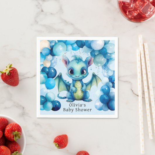ブルーバルーン付き可愛いドラゴン男の子ベイビーシャワー スタンダードカクテルナプキン (インサイチュ)