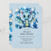 ブルーバルーン付き可愛いドラゴン男の子ベイビーシャワー 招待状 (正面/裏面)