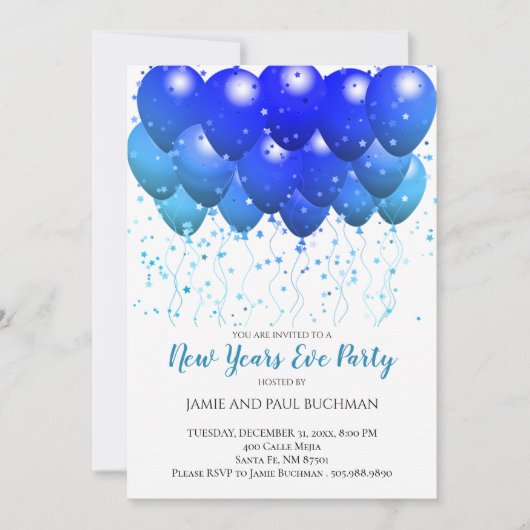 ブルーバルーン紙吹雪ホワイトニューイヤー大晦日パーティー 招待状 (正面)