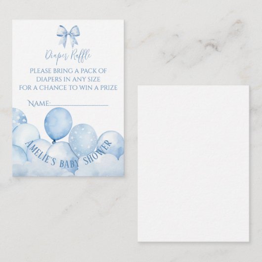 ブルーバルーン赤ちゃんシャワーおむつラッフル エンクロージャーカード (正面/裏面)