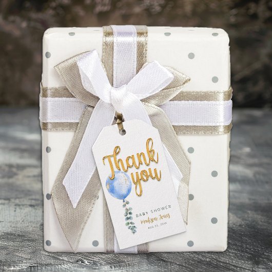 ブルーバルーン金ゴールドスクリプトベビーシャワーありがとう ギフトタグ