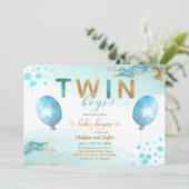 ブルーバルーン金ゴールドツインボーイ赤ちゃんシャワー招待状 招待状 (スタンド正面)